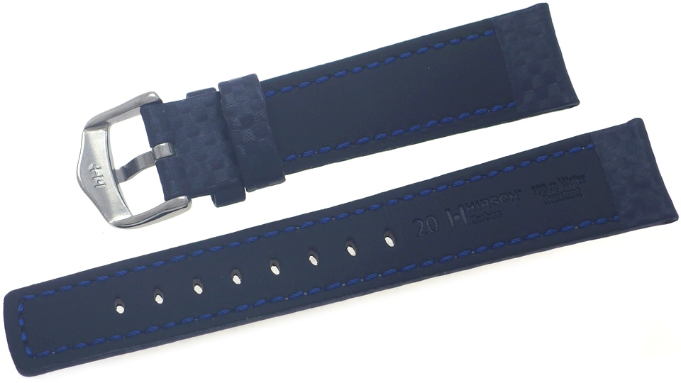 【ヒルシュ】 CARBON（カーボン ）100m耐水 ブルー 表カーボン型押（カーフ） 裏ラバー 時計ベルト
