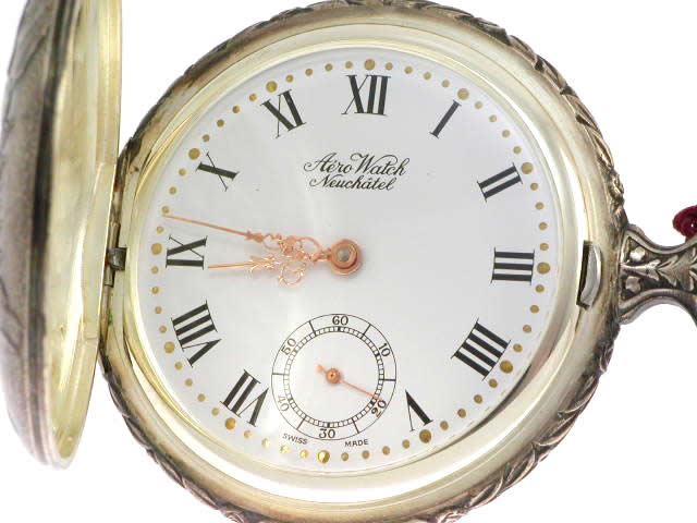 アエロ 銀無垢 懐中時計 いぶし銀 手巻き 蓋つき 