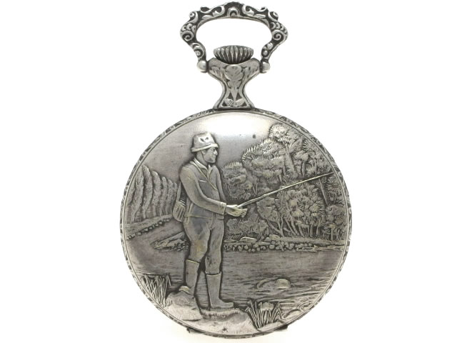 アエロ 懐中時計「フィッシング」銀仕上 手巻 OH済 USED