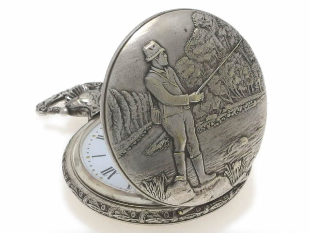 アエロ 懐中時計「フィッシング」銀仕上 手巻 OH済 USED