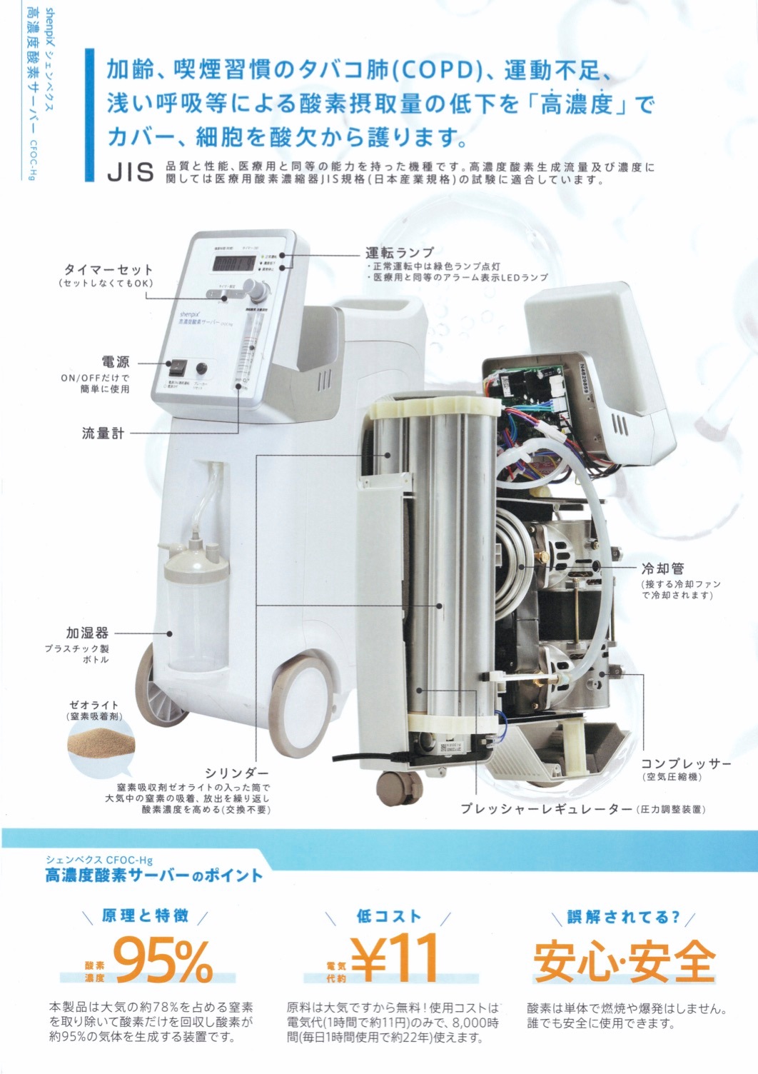 【高効率酸素吸入】シェンペクス式酸素サーバー濃縮器 CFOC-Hg｜CO2フリーマスク採用で快適＆安全な酸素吸入｜アロマ対応・業務用・木枠＆タイマー付き・最大5L／分酸素供給｜静音・高耐久・3年保証モデル
