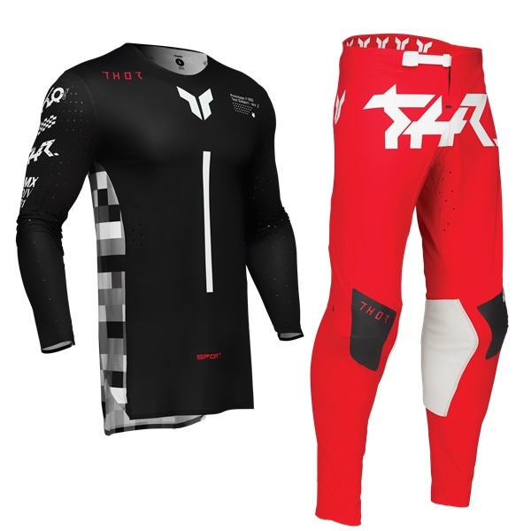 サマーバーゲン＞THOR SPORT RIOT ブラック/レッド MX上下セット