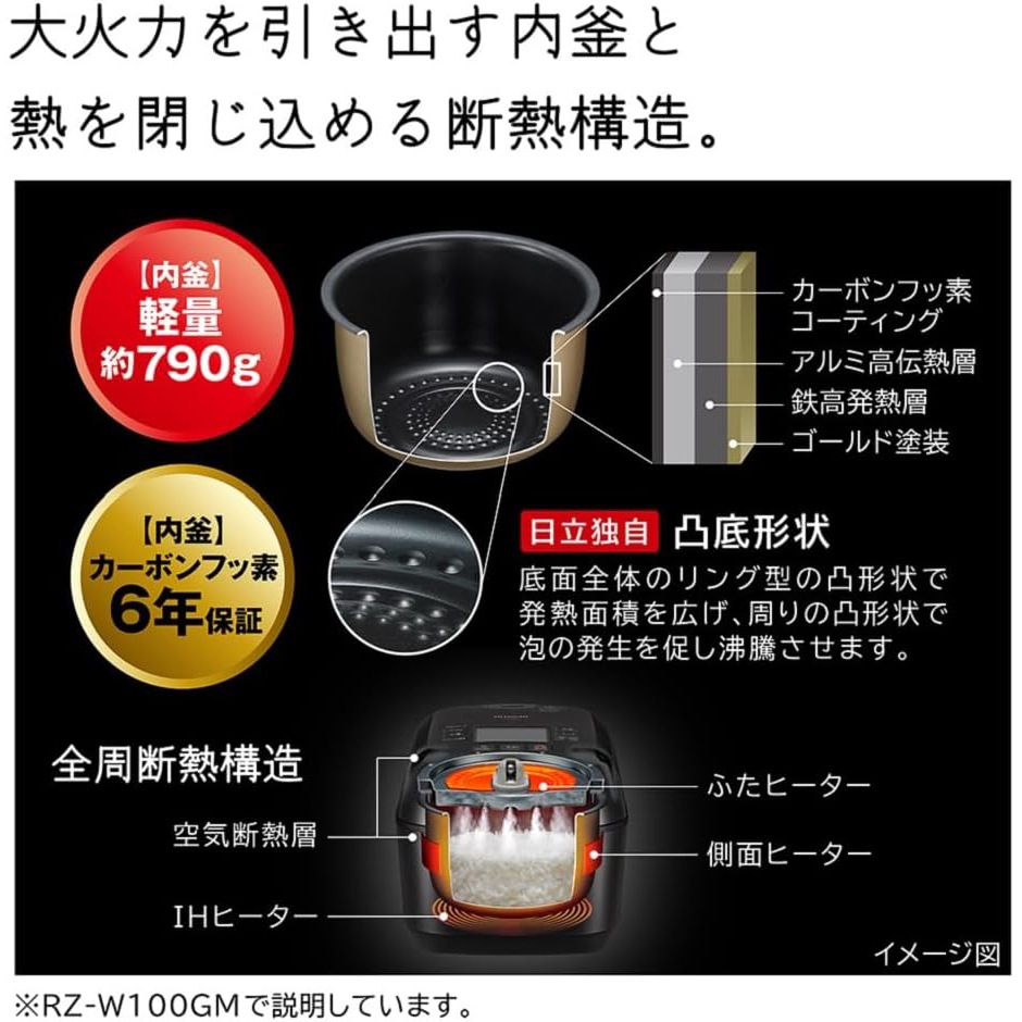 日立 5.5合炊き IHジャー炊飯器 圧力＆スチーム ふっくら御膳 RZ-V100GM-W フロストホワイト 5.5合 炊飯器 蒸気カット