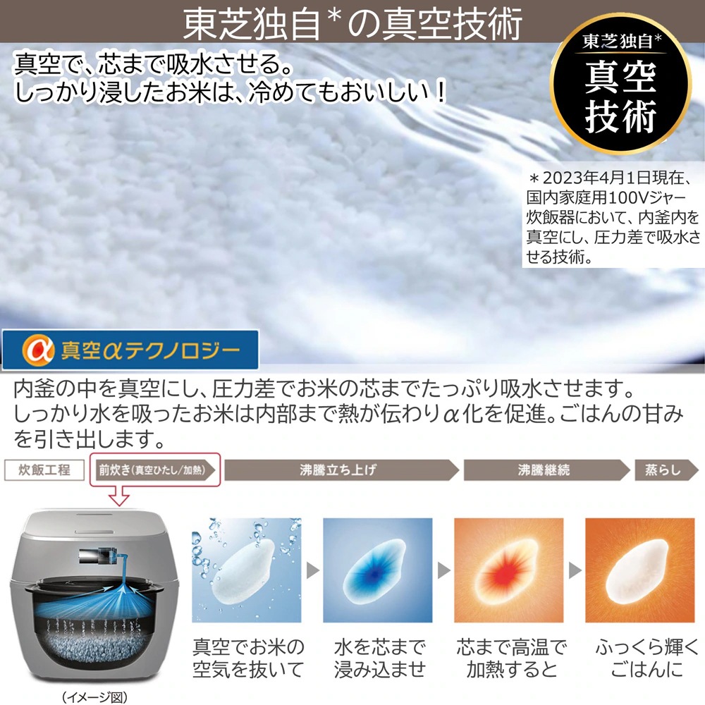 東芝 5.5合炊き 真空IH 炊飯器 RC-10VRV-W グランホワイト 5.5合 釜底厚さ5mm 丸底