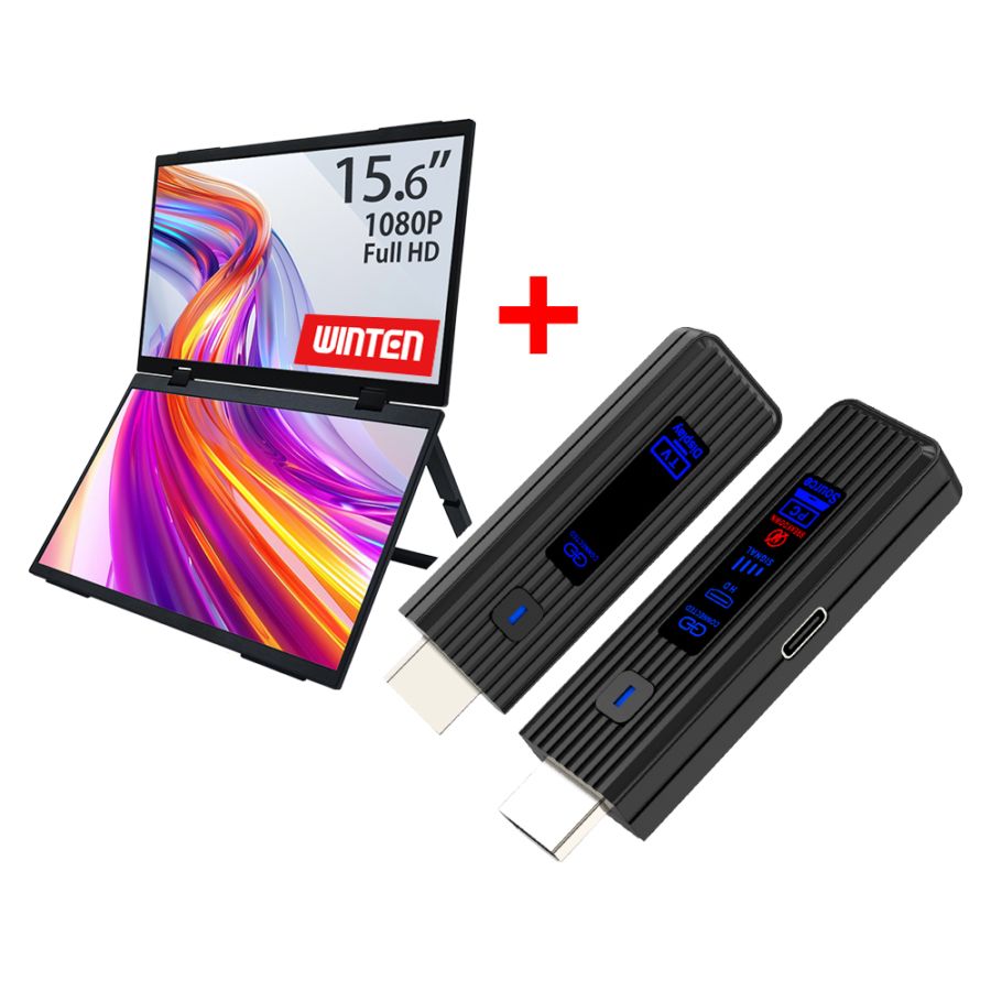 モバイルモニター 15.6インチ 2画面(1920*1080 フルHD)+ワイヤレスディスプレイアダプタ(日本技適認証取得)セット【1年保証】WTMWSET-156PS-BK 6349