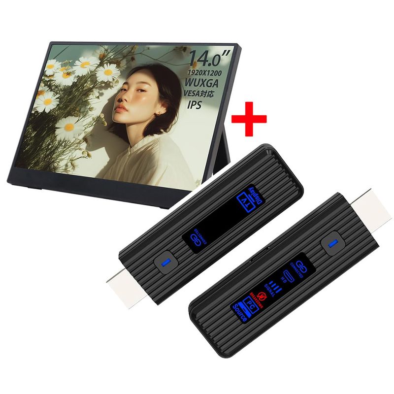 【セット商品】モバイルモニター 14インチ（1920*1200 WUXGA）＋ワイヤレスHDMI ディスプレイアダプタ（日本技適認証取得） セット ディスプレイ 外付けモニター 軽量 薄型 ノングレア（非光沢）IPSパネル 内蔵スタンド カバー付 スピーカー内蔵 WTMWSET-140LP-BK