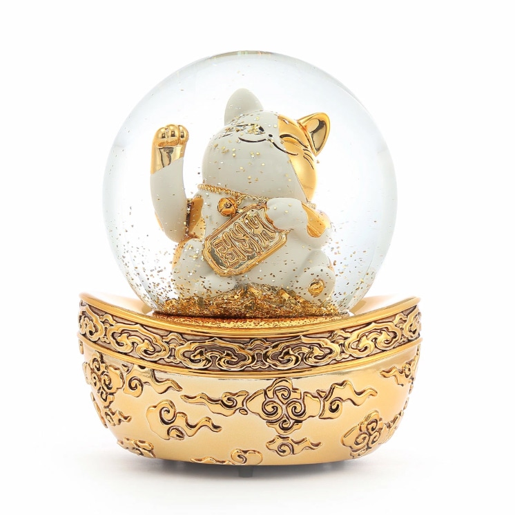 【JARLL】スノードーム 招き猫 オルゴール (ぜんまい式) ライト(電池) 回転式 スノーグローブ 金色 オーナメント ネコ 結婚 祝い 贈り物 置物 AO1805  8252