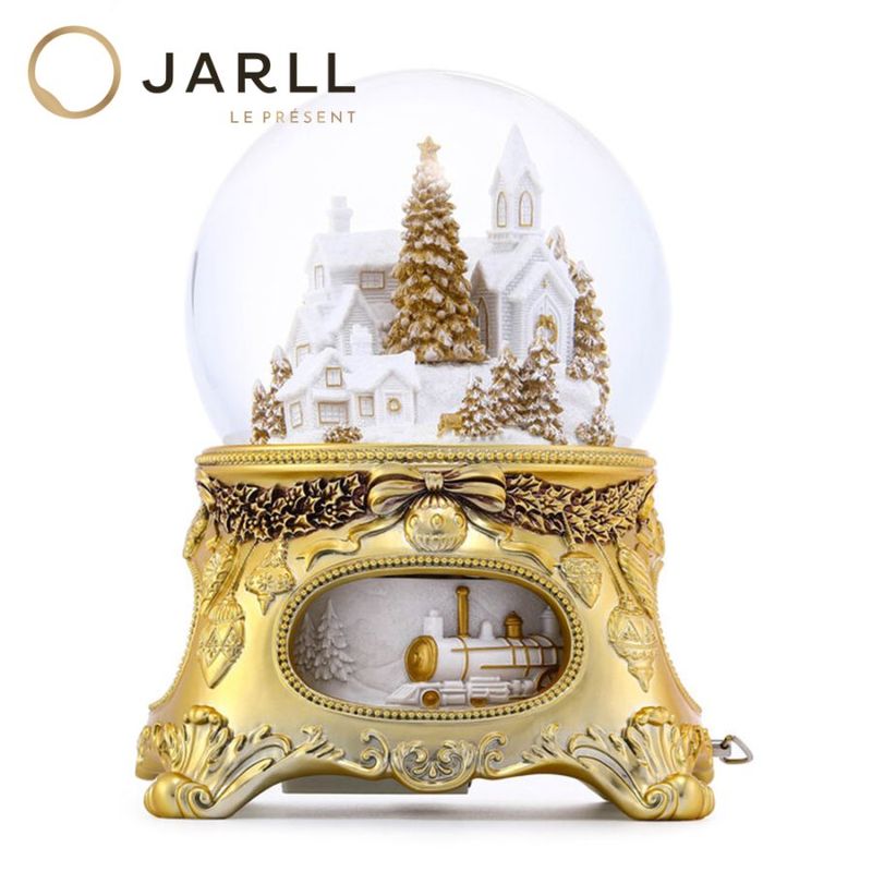【JARLL】スノードーム クリスマス スノーワールド・雪の国の列車 ゴールド 高級 オルゴール（ぜんまい式）ライト付き プレゼント 結婚祝い 誕生日 インテリア 置物 スノーグローブ QO22033