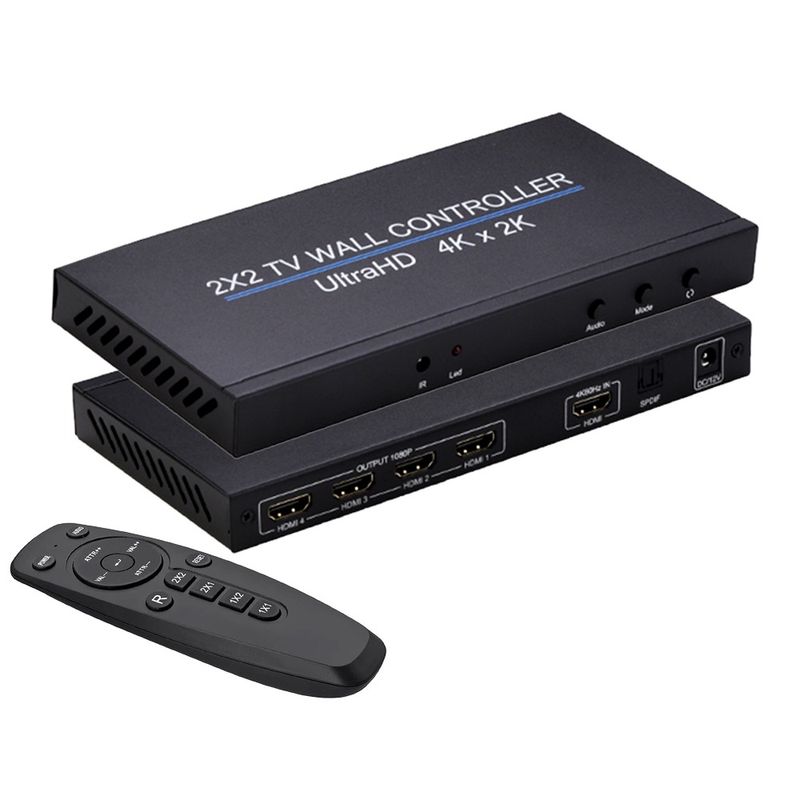 2×2 ビデオウォールコントローラ HDMI サイネージメディアプレーヤー ディスプレイ切替 1入力 4出力 4K 2K 解像度 映像出力 モニター4枚 4画面対応 リモコン付 1年保証 WT-HDMI-4K60H-S