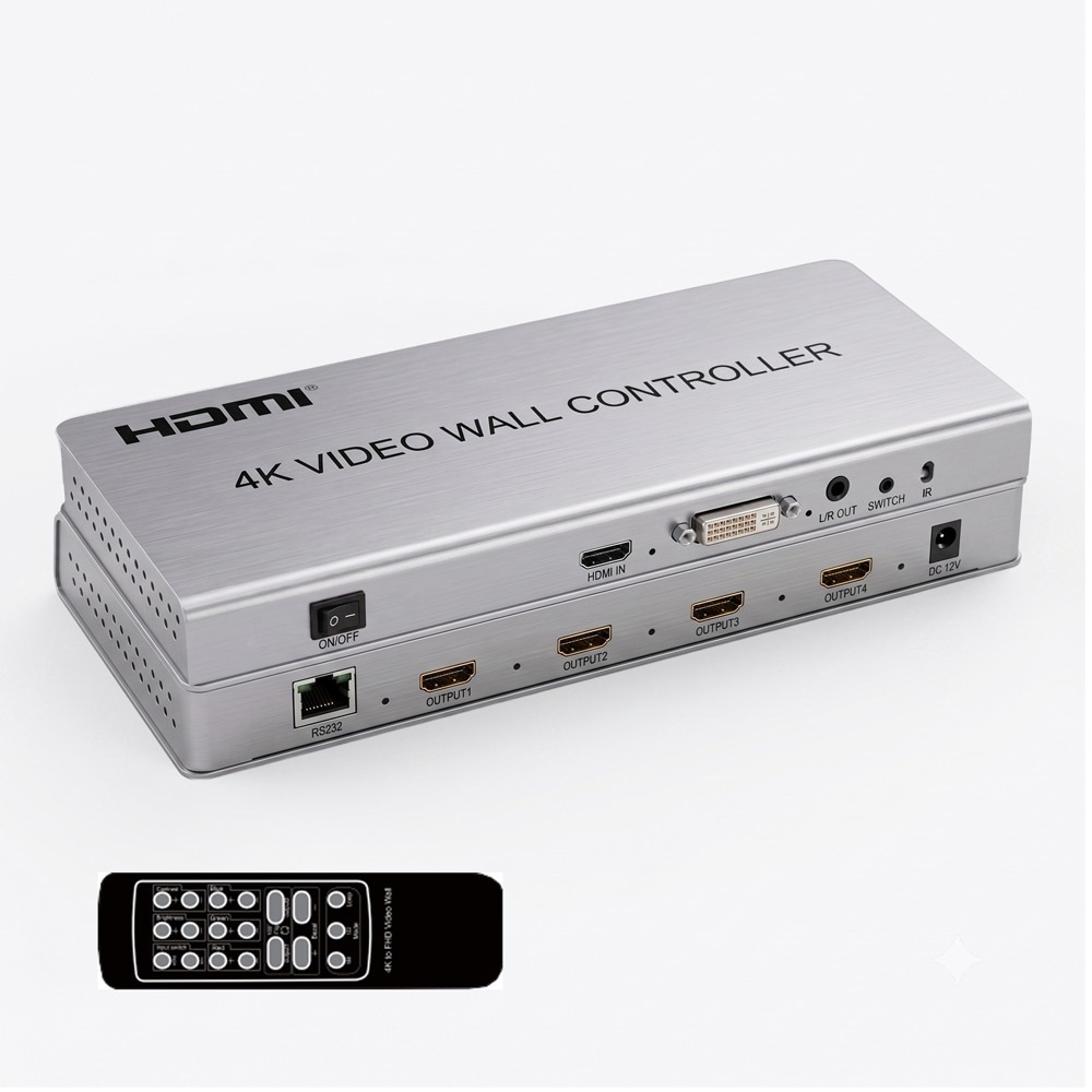 2×2 ビデオウォールコントローラ HDMI DVI サイネージメディアプレーヤー ディスプレイ切替 1入力 4出力 4K 解像度 映像出力 モニター4枚 4画面対応 リモコン付 1年保証 WT-HDMI-4K30H-S