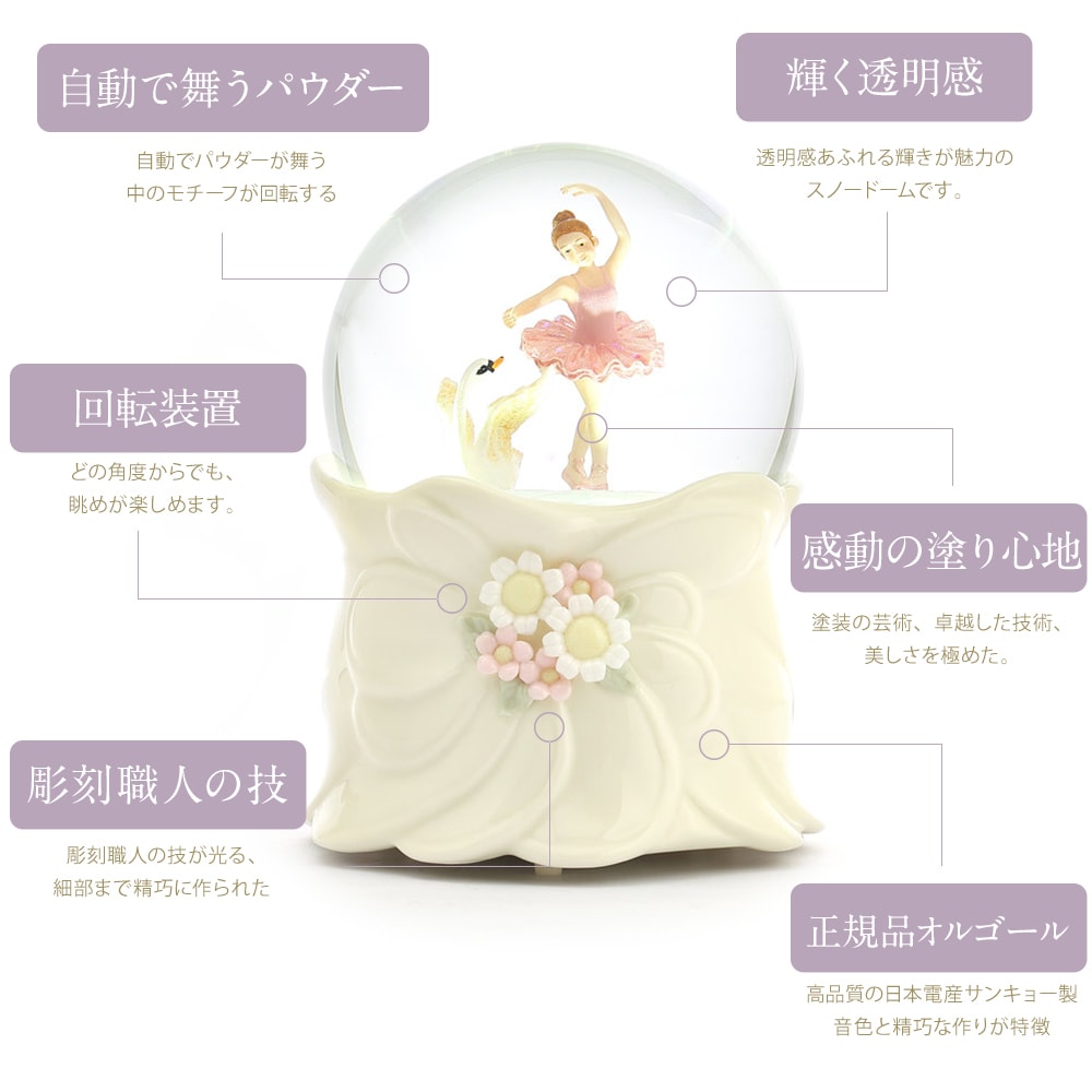 【JARLL】スノードーム バレエ ミュージカル 白鳥 高級 オルゴール（ぜんまい式）ライト付き プレゼント 結婚祝い 誕生日 インテリア 置物 スノーグローブ SB1901