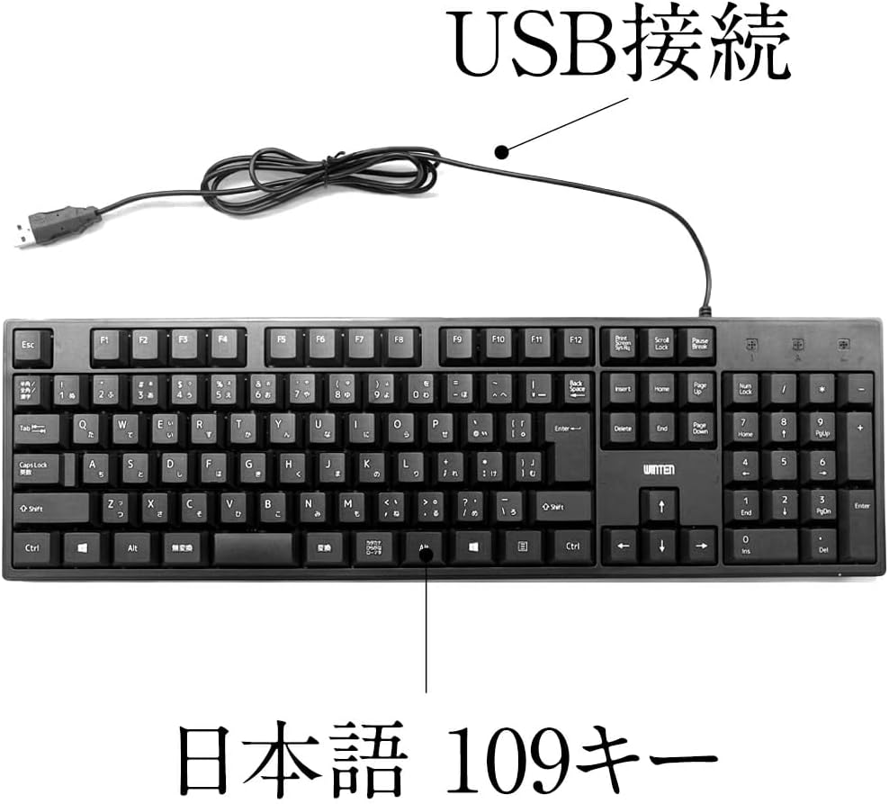 WINTEN 有線キーボード WT-KBU01-BK 薄型 軽量 パソコンキーボード USB接続 テンキーあり 109キー 角度調整可 Windows