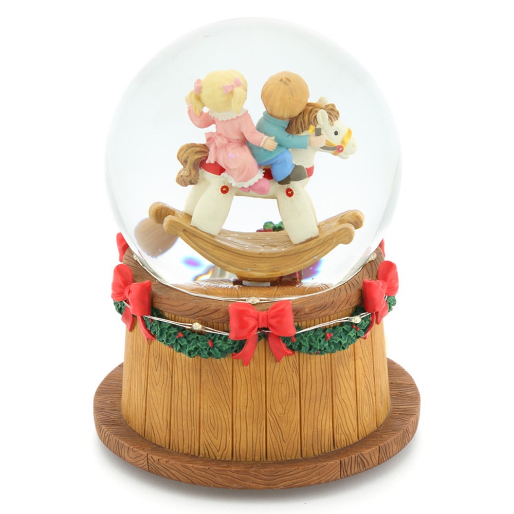 【JARLL】スノードーム クリスマス 子供たちと木馬 高級 オルゴール（ぜんまい式）ライト付き プレゼント 結婚祝い 誕生日 インテリア 置物 スノーグローブ CC2001