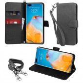 wisers ストラップ2種付き スマホケース Huawei P40 Pro 専用 手帳型 スマートフォン ケース カバー ネックストラップ & ハンドストラップ 付き  全2色 ブラック・ダークブル