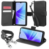wisers ストラップ2種付き スマホケース OPPO  A77  専用 6.5 インチ スマートフォン スマホ 手帳型  ケース カバー 全2色 ブラック・ダークブルー|OPPO|スマートフォンケ