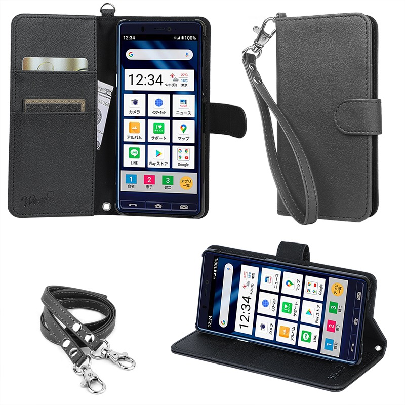 Wisers ストラップ2種付 スマホケース シンプルスマホ 5 A001sh 専用 Sharp シャープ Softbank ソフトバンク 5 5インチ スマートフォン スマホ ケース カバー 手帳型 18 年 新型 全4色 ブラック ダークブルー ローズゴールド ゴールド スマートフォンケース