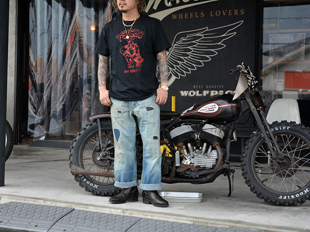 ��2����PSYCHO CYCLES/�������������륹�ۡ�Printed Crew Neck Tee��Shovel Head��/�ץ��ƥåɥ��롼�ͥå�Tee�ɥ���٥�إåɡɡ�