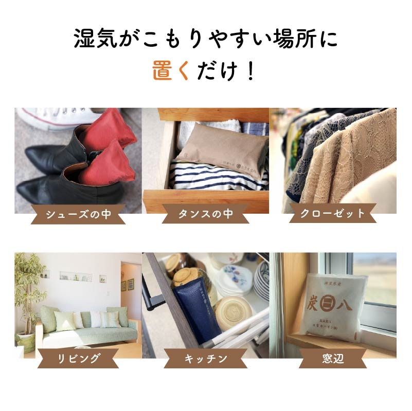 【WOOD&GROVE】炭八新生活セット キッチンや収納の除湿、消臭に! 防カビ 炭 梅雨対策 結露対策 窓 下駄箱 タンス クローゼット 押し入れ 布団 本 バッグ 湿気 除湿剤 隙間に 置くだけ 繰り返し使用可能