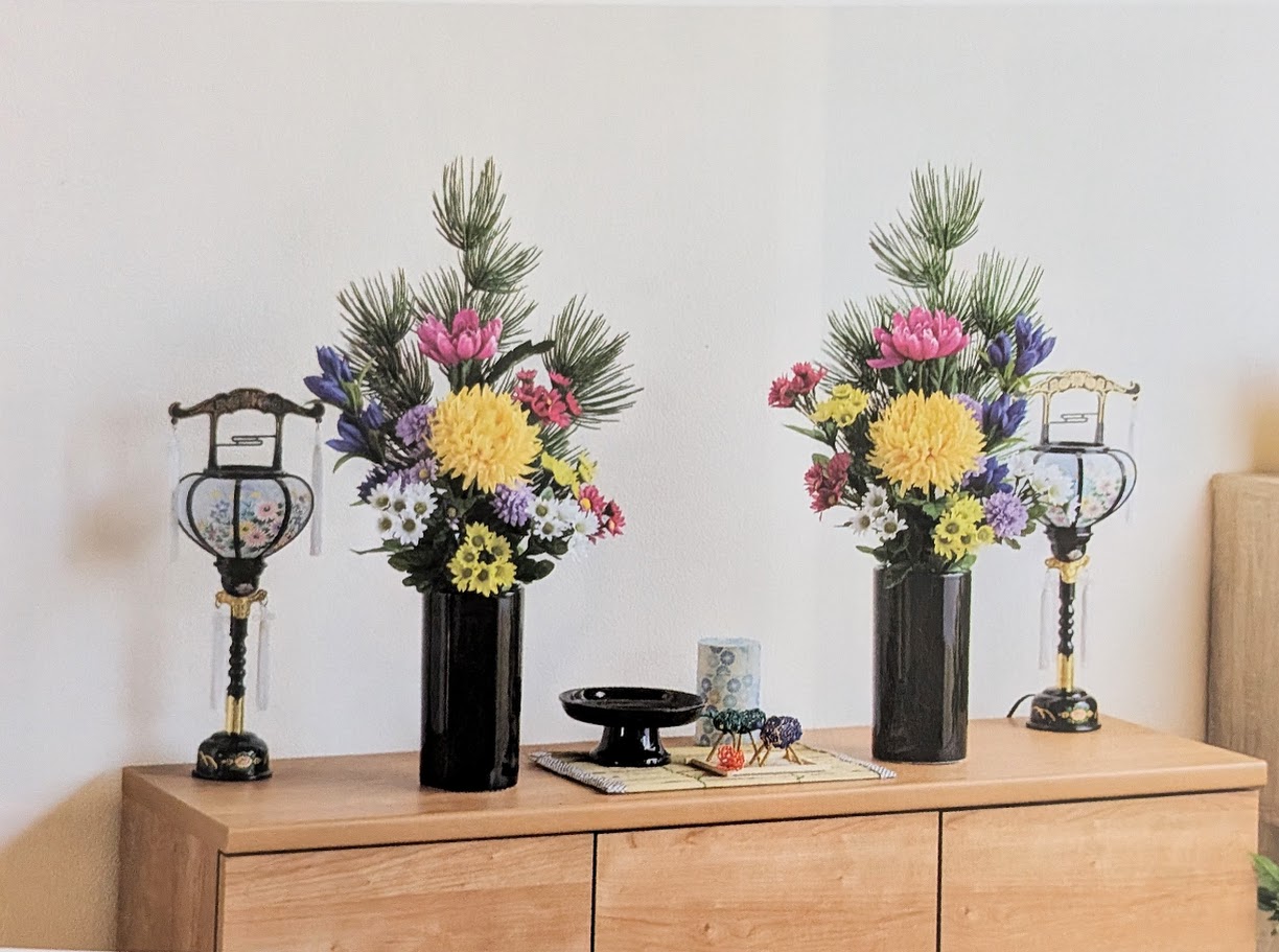 造花　御供えアレンジ　仏花アレンジ　　花器付　　触媒加工　送料無料