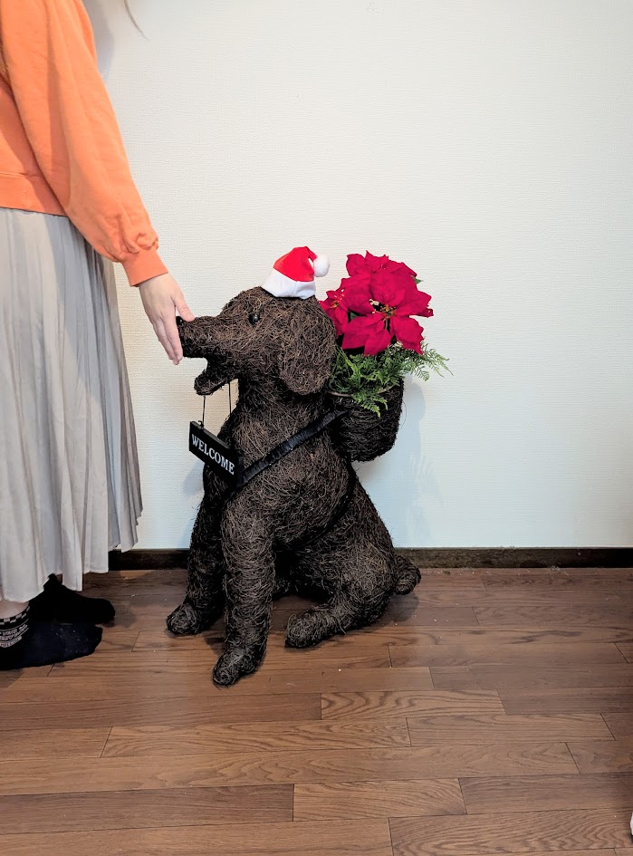 造花　フェイク　ウエルカムドック　クリスマス犬　店舗デイスプレイ　イベント