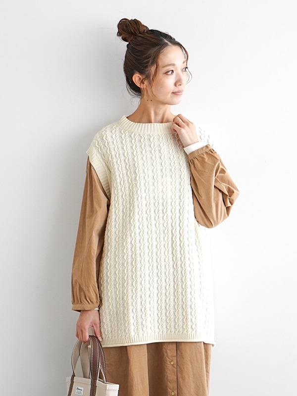 [8214K-024]grin(グリン)CメリノケーブルロングVT/コットンメリノケーブルロングベスト