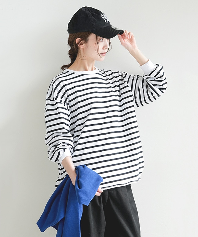 ◇[SMA-PUFRDLTBD]SOLAMONAT(ソラモナ) パフ天竺ボーダーメンズライクラウンドリブロンT Tシャツ カットソー トップス レディース