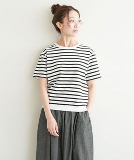 ◇[sma-puf-rib-tbd]SOLAMONAT(ソラモナ) パフ天竺ボーダー 裾リブベーシック T /レディース/トップス/Tシャツ/半袖/カットソー【日本製】