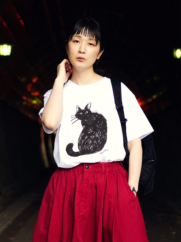 [A52306]HARVESTY(ハーベスティ)PRINTED T-SH 5.6oz天竺プリントTシャツ-キャット-/黒猫/半袖【メール便対応可】