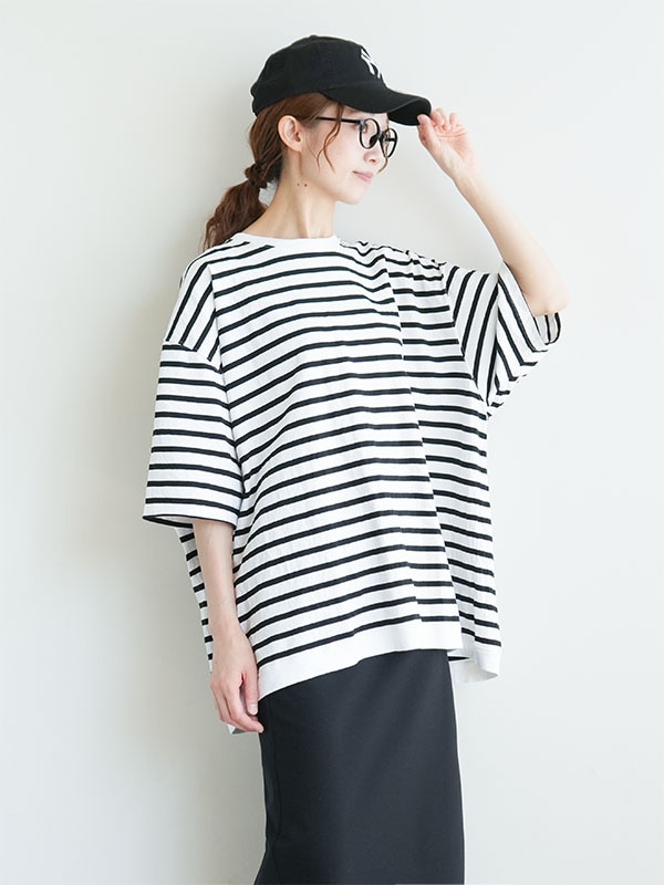 ◇[sma-puf-rib-tbd]SOLAMONAT(ソラモナ)(3XLサイズ)パフ天竺ボーダー 裾リブベーシック T/トップス/Tシャツ/カットソー/半袖/五分袖/5分袖/レディース