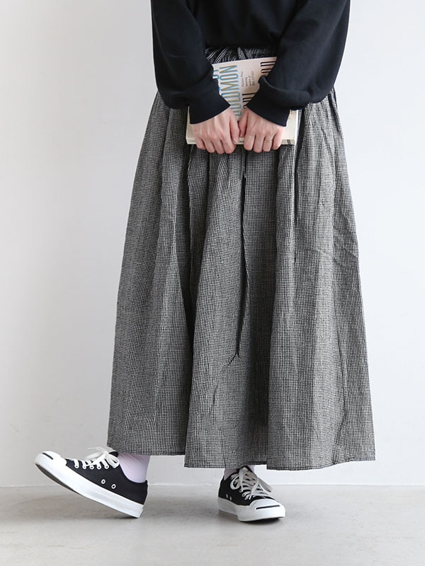 【 40%OFF】[INSL23713]SOIL(ソイル) WOOL/LINEN SMALL CHECK & STRIPE GATHERED SKIRT ギャザースカート チェックスカート ストライプスカート ロングスカート