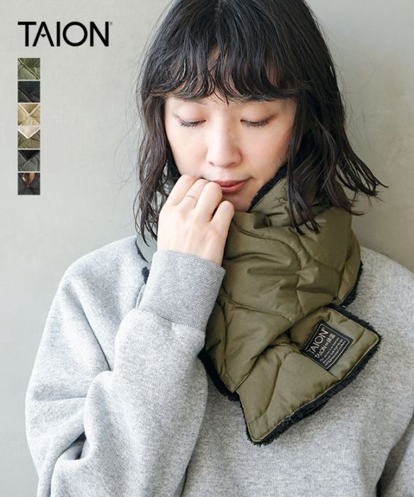 [TAION-R201ML-1]【洗える】TAION(タイオン) DOWN MUFFLER(ミリタリーリバーシブルダウンマフラー) 防寒具 男女兼用 ユニセックス ショートマフラー ボア 短い 短め ワンタッチ キルティング キルト ダウン95% リップストップ