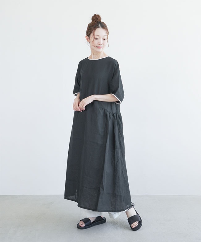 blue willow(ブルーウィロー) リネン平織りギャザーワンピース