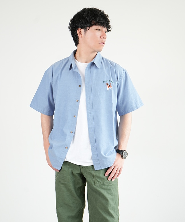 【SALE 30%OFF】[M-2401459]modem design(モデムデザイン) one point dog embroidery chambray s/s shirts ワンポイントドッグ刺繍ショートスリーブシャツ セール