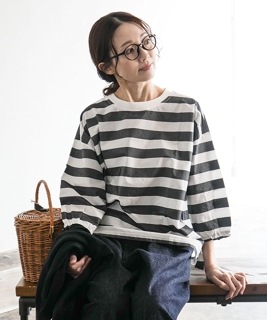 NATURAL LAUNDRY(ナチュラルランドリー) 別注カラーあり クラフトパネルワイドプルオーバー トップス ブラウス ボーダー [7251C-019]