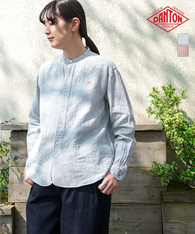 ◇DANTON(ダントン) ストライプリネンバンドカラーシャツ シャツ
