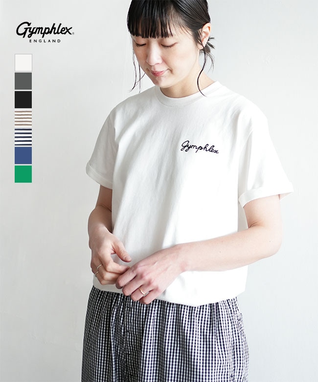 Gymphlex(ジムフレックス)S/S T-SHIRT レディース トップス カットソー Tシャツ ロゴ 刺繍 半袖 無地 ボーダー 折り返し袖 [GY-C0446COM]