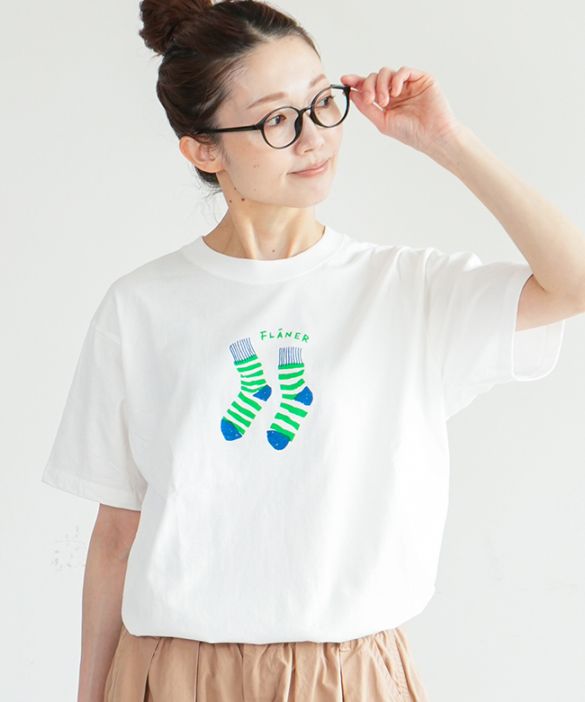 [7252C-032]NATURAL LAUNDRY(ナチュラルランドリー) カラー天竺ソックスプリントTシャツ トップス カットソー プルオーバー レディース 半袖