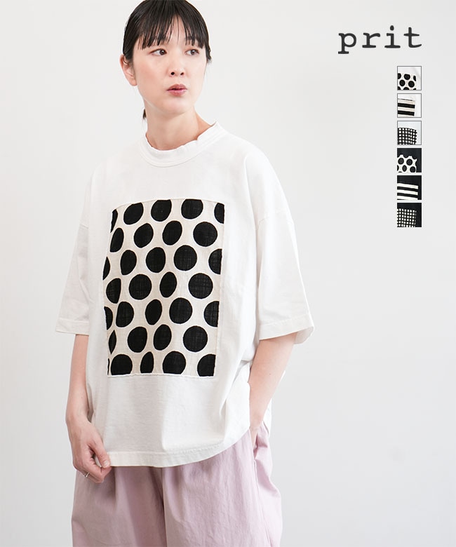 prit(プリット) 別注色あり 17/1空紡天竺×10/1ムラ糸プリント 5分袖フレームＴシャツ 半袖 カットソー レディース【メール便対応可】 [P91638/p92528]