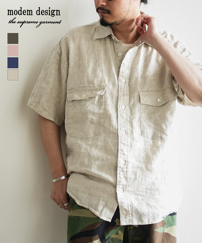 [M-2501451]modem design(モデムデザイン) Linen Short Sleeve Shirt リネンショートスリーブシャツ メンズ トップス ボタンシャツ 半袖 リネンシャツ 無地 シンプル 麻シャツ