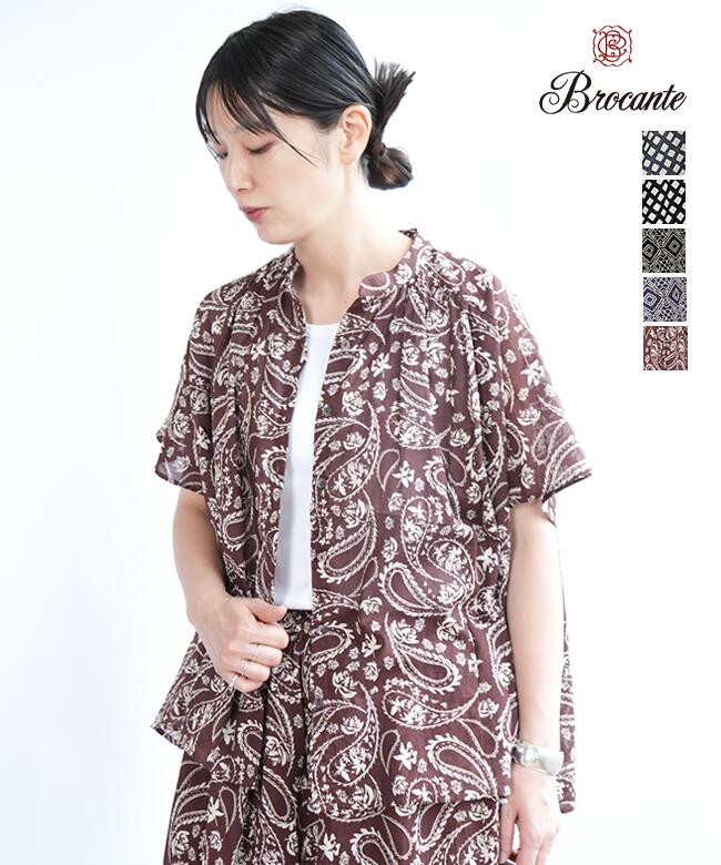 Brocante(ブロカント) フロンセシャツ レディース トップス 半袖 ハーフスリーブ バンドカラー 羽織り[36-323X]