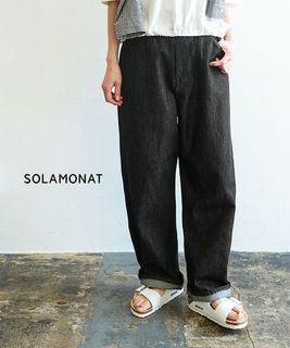 ◇[b1038]SOLAMONAT(ソラモナ)5Pルーズストレートイージーデニムパンツ ブラック レディース ボトムス デニムパンツ ジーパン ハイウエスト