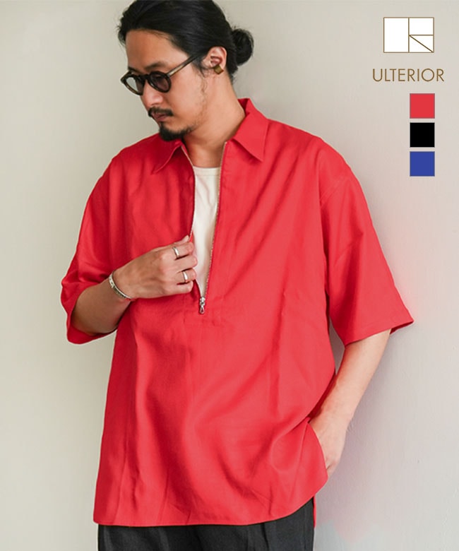 [ULSH58-KA197]ULTERIOR(アルテリア) RAYON LINEN TWILL HALF-ZIP SHIRT レーヨンリネンツイルハーフジップシャツ メンズ トップス 半袖 プルオーバーシャツ ワークシャツ