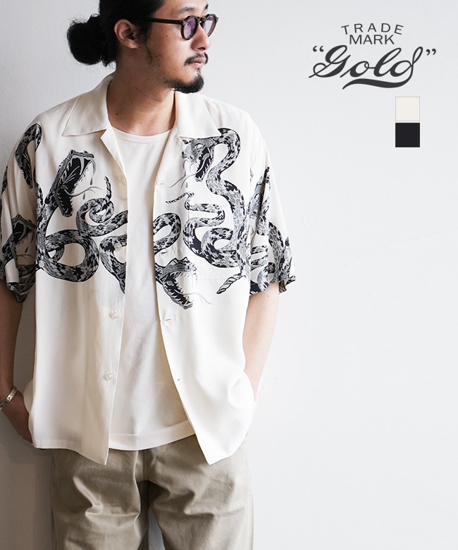 [GL39440]gold(ゴールド) “MONOTONE RATTLE SNAKE” OPEN SHIRT モノトーンラトルスネイク オープンシャツ メンズ トップス 半袖 ボタンシャツ 開襟シャツ オープンカラー