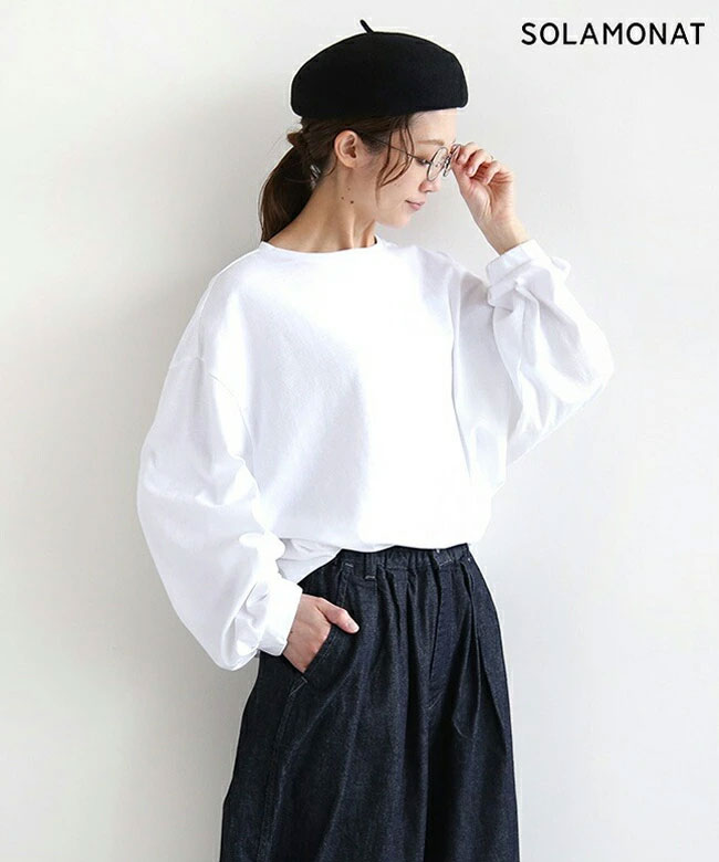 ◇【訳あり/20%OFF】[SMA-SARA VOLUMESLV PO]SOLAMONAT(ソラモナ) サラリト天竺ボリュームスリーブプルオーバー Tシャツ レディース トップス カットソー 長袖 秋 冬 春 重ね着 白 ホワイト ブラック 黒 無地 綿 レイヤード シンプル カジュアル モード 長袖