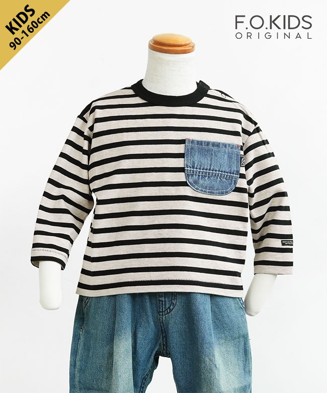 [R406095]F.O.KIDS(エフオーキッズ) デニムポケット長袖Tシャツ 90・100・110・120・130・140・150・160cm 【メール便対応可】
