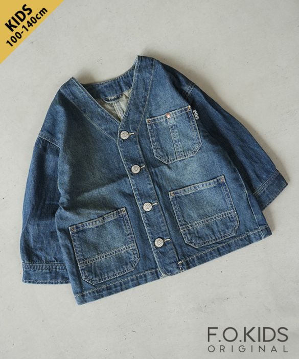 [R402025]F.O.KIDS(エフオーキッズ) エイジング加工 カバーオール デニムジャケット 100・110・120・130・140cm