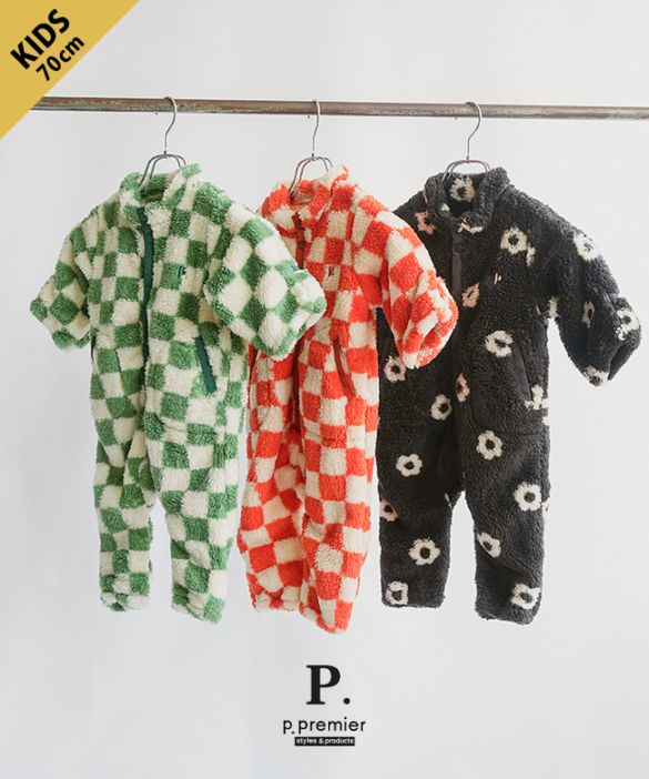[P426015]p.premier(ピードットプルミエ)/F.O.KIDS(エフオーキッズ) ファーフリースベビージャンプスーツ リンク 総柄 もこもこ ロンパース