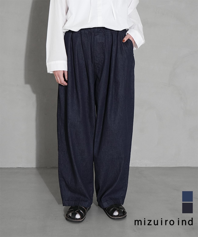 [3-260068]mizuiro ind(ミズイロインド) denim tucked wide pants デニムタックワイドパンツ ジーンズ レディース ボトムス