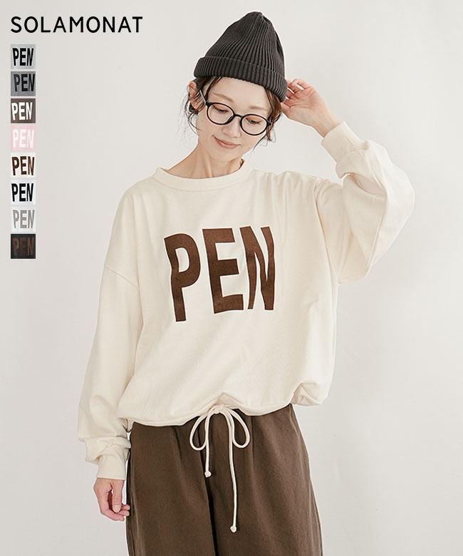 ◇[SMA-PEN-PEN]SOLAMONAT(ソラモナ) ペンネ天竺 モックネック 裾紐 プリントプルオーバー（PENNE) トップス レディース カットソー ロゴ 長袖【日本製】