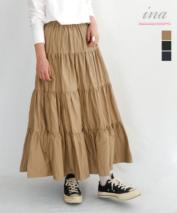 [254132]ina(イナ) 天日干し風ビンテージワッシャーティアードスカート レディース ボトムス フレアスカート Aライン